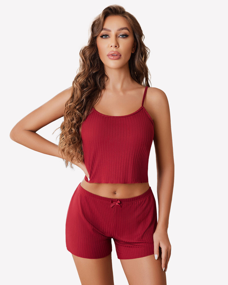 Wine red ribbed cami pajama set with spaghetti straps and matching drawstring shorts