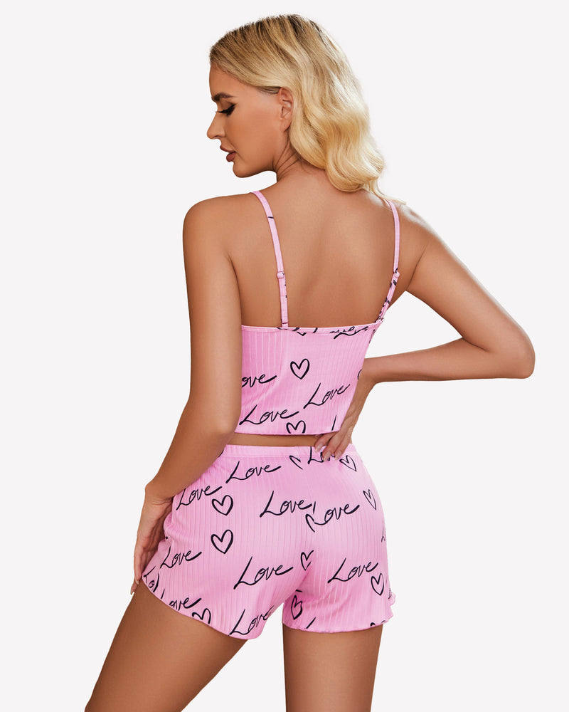 Black ribbed cami pajama set with thin straps, matching lounge shorts