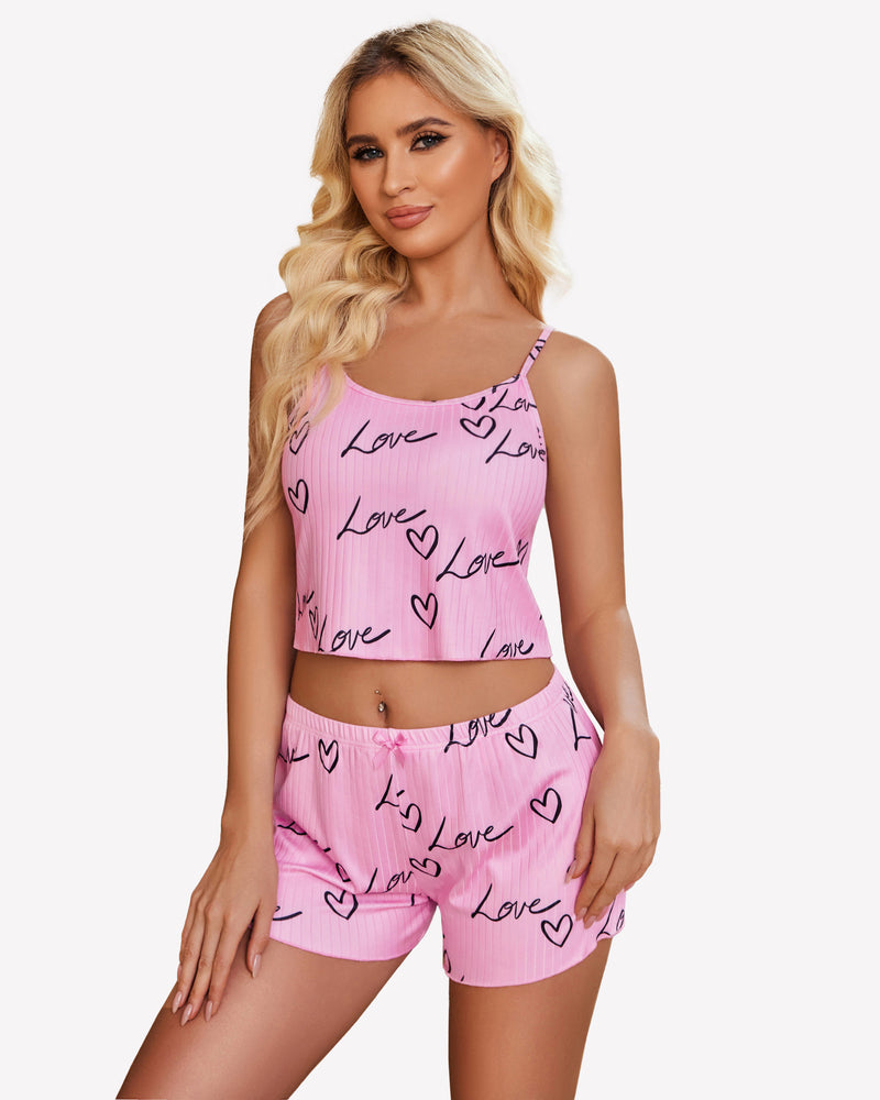 Ribbed pink cami pajama set with heart “Love” print, matching shorts