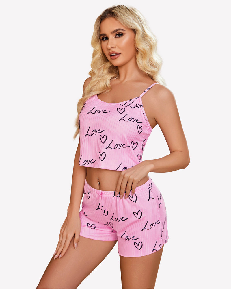 Ribbed pink cami pajama set with heart “Love” print and matching shorts