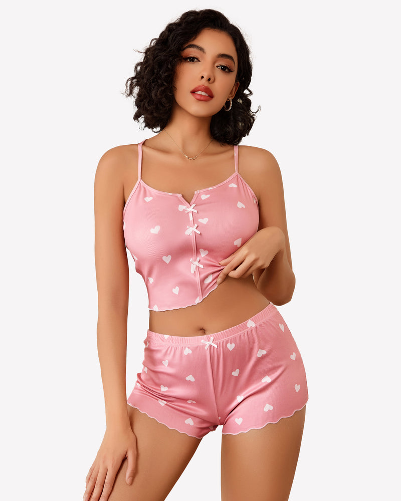 Cami pajama set, pink heart-print cami top with tie-front and matching shorts.
