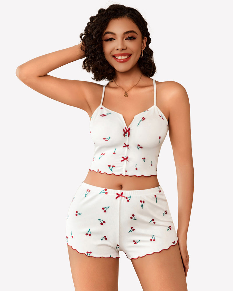 Cami pajama set, white cherry-print cami top and matching scalloped shorts, front view.