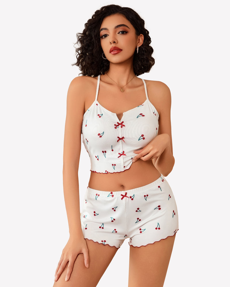 Cami pajama set, white cherry-print cami top with straps and matching shorts, front.
