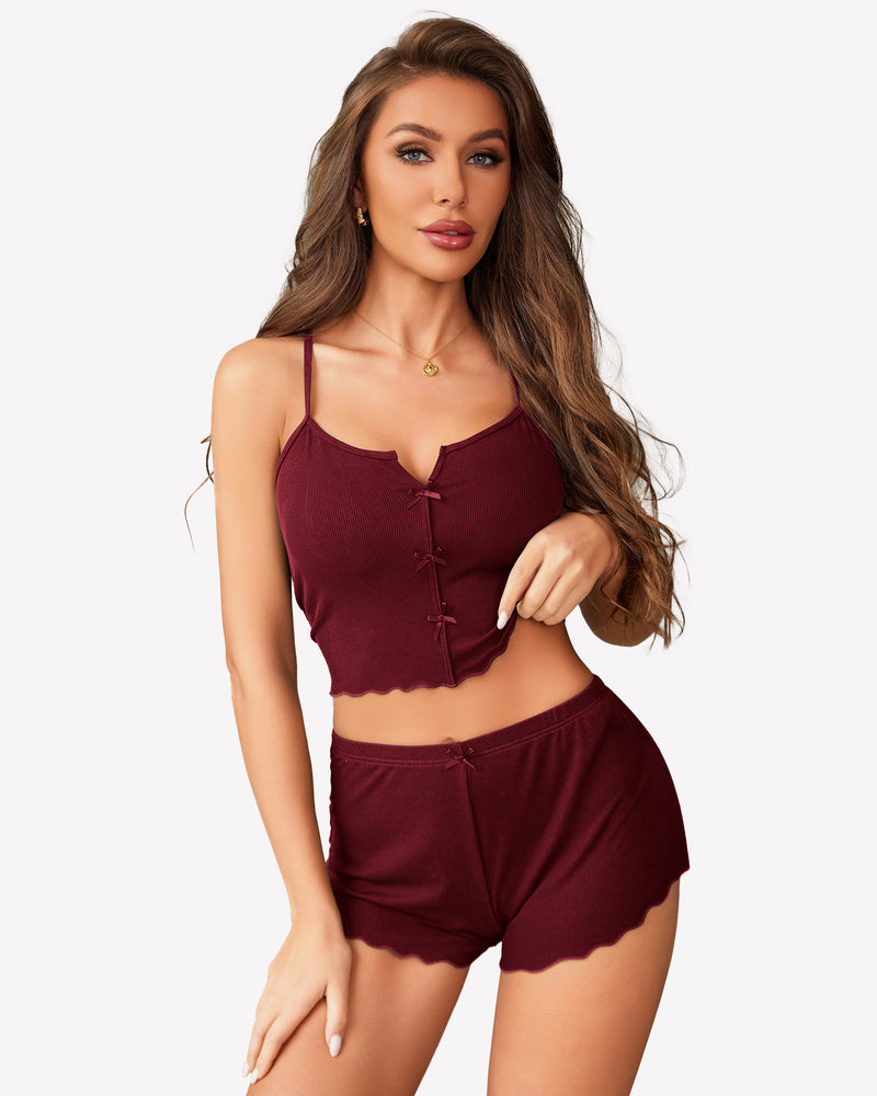 Ribbed cami pajama set, wine red button-front crop top and matching short set