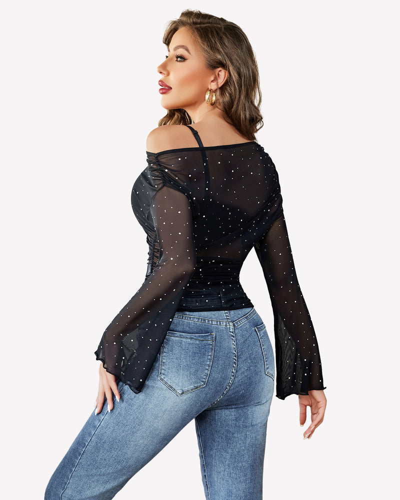 Black mesh off-shoulder long-sleeve top with flare sleeves and sparkly dots