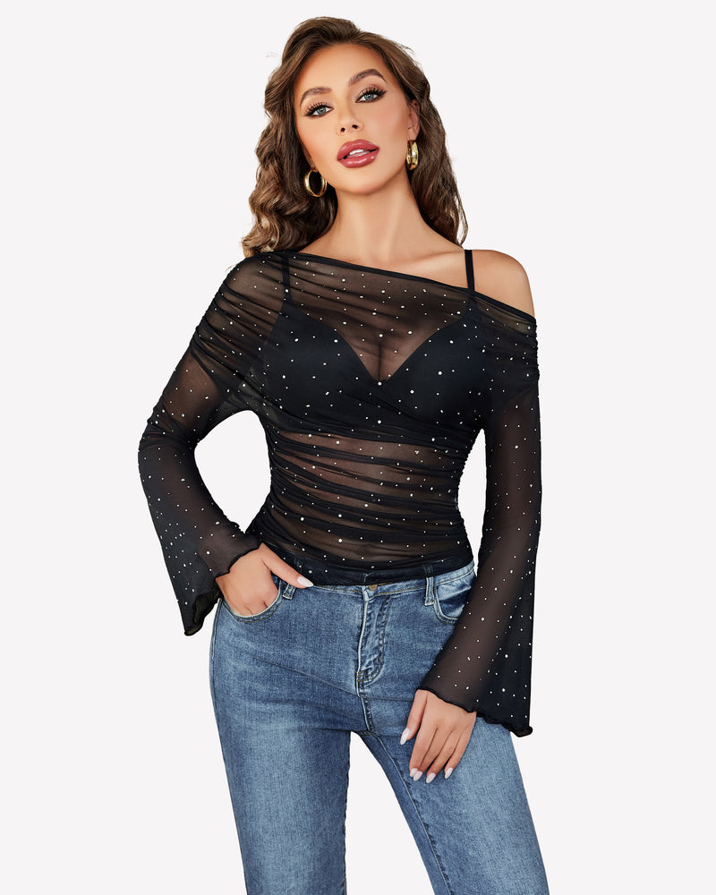 Black mesh off-shoulder long-sleeve top with ruched bust and sparkly dots