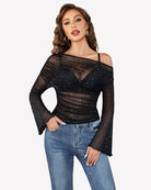 Black mesh off-shoulder long-sleeve top with ruched bust and sparkly dots