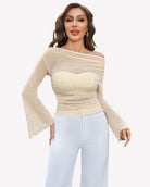 Champagne mesh off-shoulder long-sleeve top with ruched neckline and sparkly dots