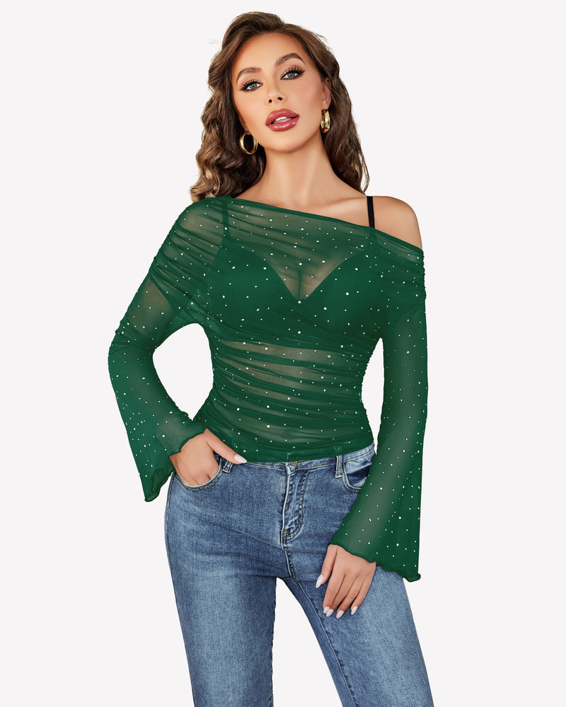Green mesh off-shoulder long-sleeve top with ruched center and sparkly dots
