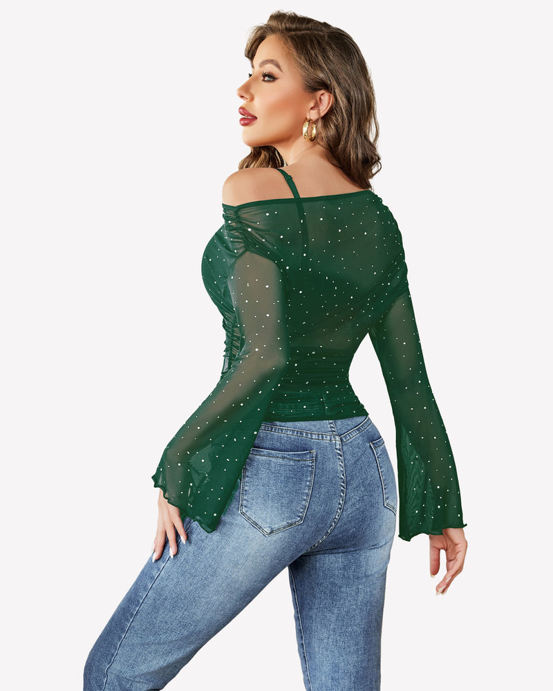 Green mesh off-shoulder long-sleeve top with flare sleeves and sparkly dot print