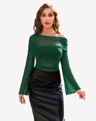Mesh off-shoulder long-sleeve top in green with small sparkle dots