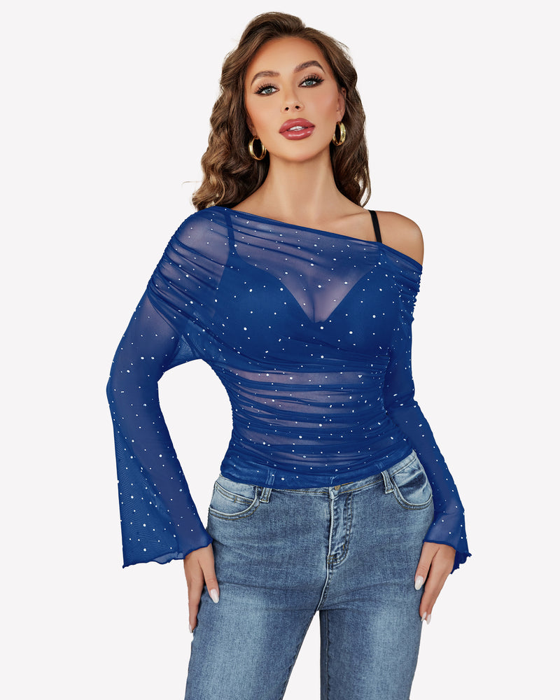 Mesh off-shoulder long-sleeve top in blue with small sparkle dots