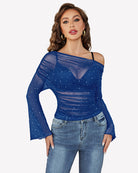 Mesh off-shoulder long-sleeve top in blue with small sparkle dots