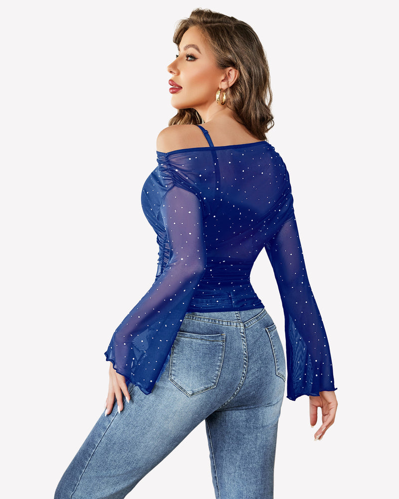 Mesh off-shoulder long-sleeve top in blue, back view with sparkle dots