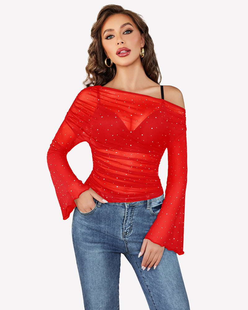 Mesh off-shoulder long-sleeve top in red with small sparkle dots