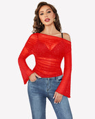 Mesh off-shoulder long-sleeve top in red with small sparkle dots