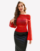 Mesh off-shoulder long-sleeve top in red with small sparkle dots, off-shoulder neckline
