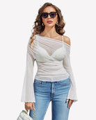 Mesh off-shoulder long-sleeve top in white with small sparkle dots