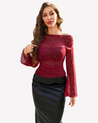 Wine red mesh off-shoulder long-sleeve top with ruched center and sparkly dots