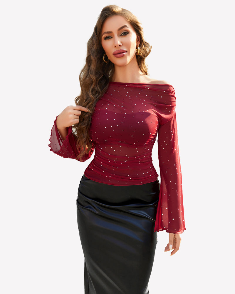 Wine red mesh off-shoulder long-sleeve top with ruched center and sparkly dots