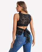 Black damask mesh tank top with back tie waist and peplum hem