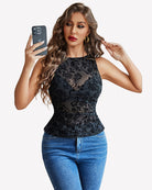 Black damask sheer mesh tank top with boat neck and peplum hem