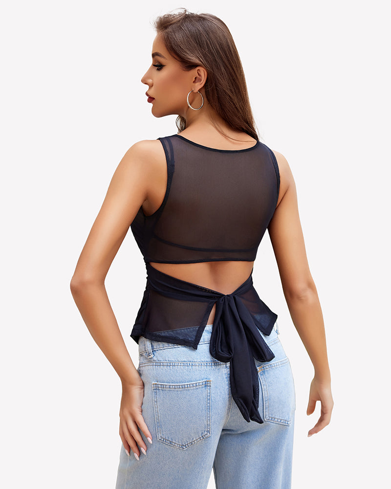 Black sheer mesh tank top with back tie detail and peplum hem