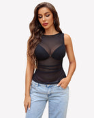 Black sheer mesh tank top with bra cups and peplum hem