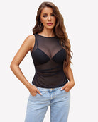 Black sheer mesh tank top with boat neck and peplum hem