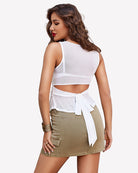 White mesh tank top, sleeveless boat neck, back view with draped tie at waist