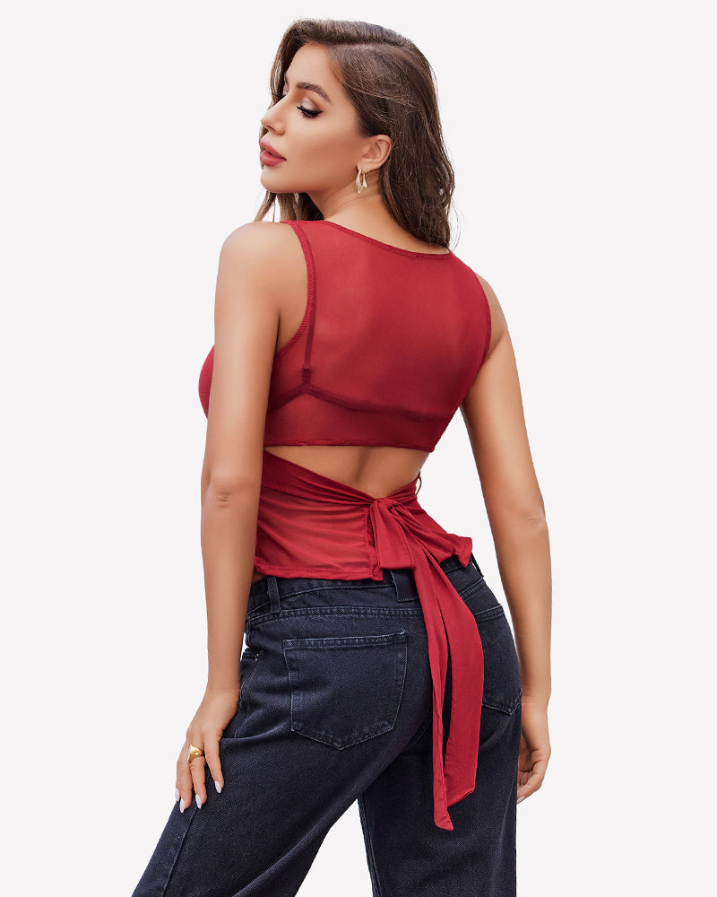 Wine red mesh tank top with boat neck, sleeveless, cropped back view