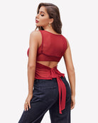 Wine red mesh tank top with boat neck, sleeveless, cropped back view