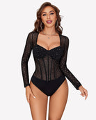 Black long-sleeve mesh bodysuit with sparkle dots and sweetheart neckline, thong back.