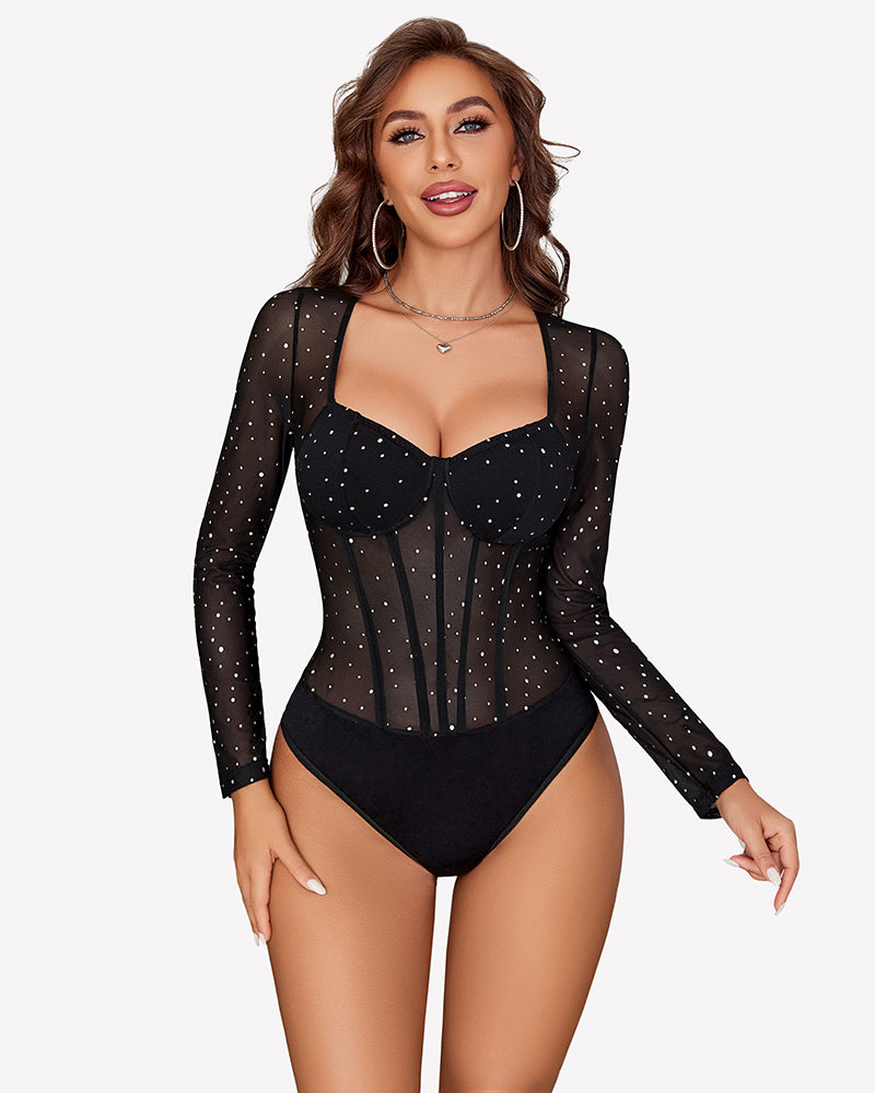 Black long-sleeve mesh bodysuit with sparkle dots and sweetheart neckline, thong back.