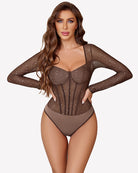 Brown sparkle mesh long-sleeve bodysuit with sweetheart bust and thong back.