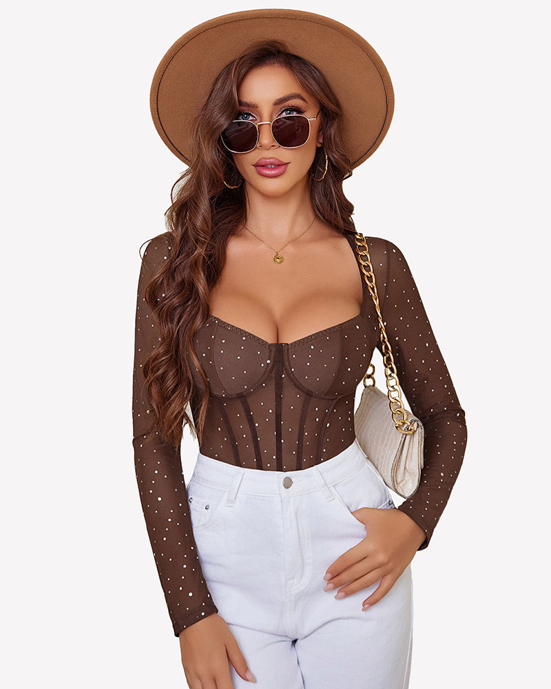 Brown sparkle mesh long-sleeve bodysuit with sweetheart neckline and thong back.