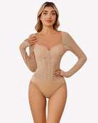 Nude sparkle mesh long-sleeve bodysuit with sweetheart neckline and thong back.