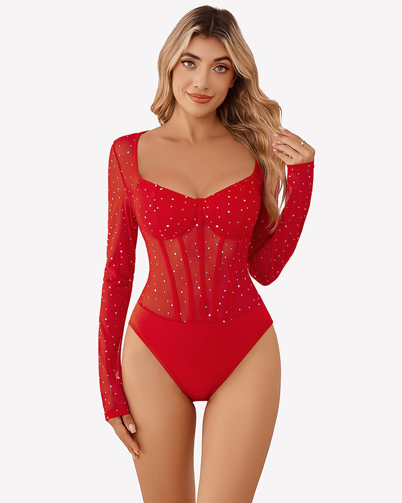 Red sparkle mesh long-sleeve bodysuit with sweetheart neckline and thong back.