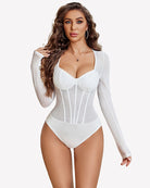 White sparkle mesh long-sleeve bodysuit with deep V neckline and glitter speckles