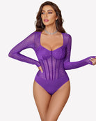 Purple sparkle mesh long-sleeve bodysuit with sweetheart neckline and glitter speckles