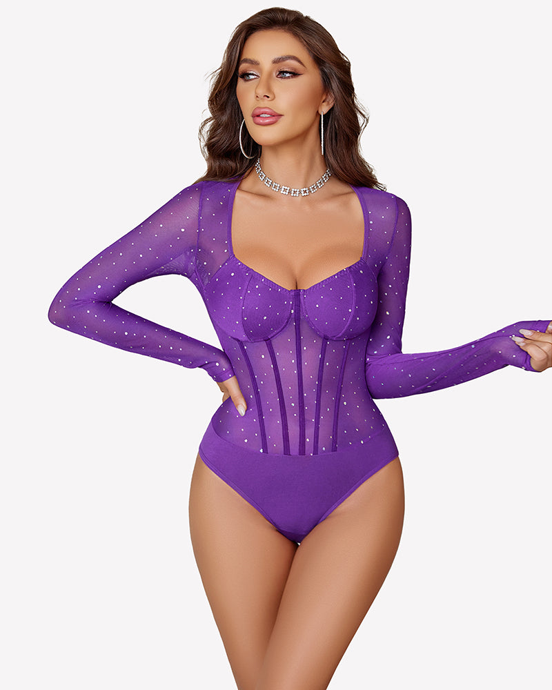 Purple sparkle mesh long-sleeve bodysuit with sweetheart neckline and glitter speckles