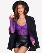 Purple sparkle mesh long-sleeve bodysuit with sweetheart neckline and glitter speckles