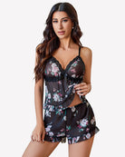 Black floral ruffled mesh cami lingerie with lace trim and adjustable spaghetti straps