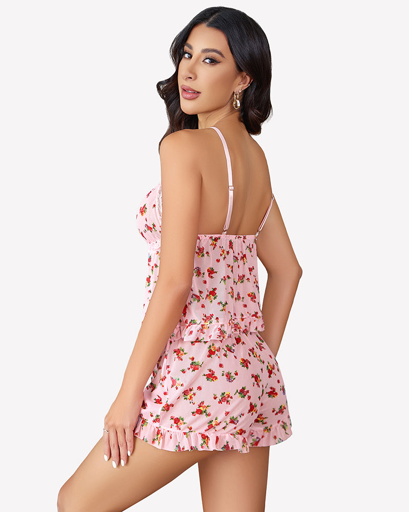 Floral ruffle lingerie cami with lace trim and thin straps, pink-and-cream tiered design