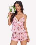 Floral ruffle lingerie set with lace V-neck, spaghetti straps, and tiered skirt ruffles, pink