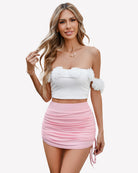 Ruched mini skirt in pink with ruched fabric and side drawstring ties