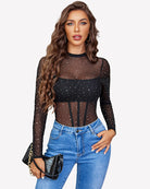 Sheer rhinestone bodysuit, long sleeves, dark color, high neck with vertical seaming