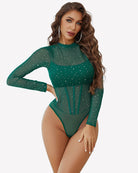 Sheer rhinestone bodysuit, long sleeves, green color, high neck with front cutout panel