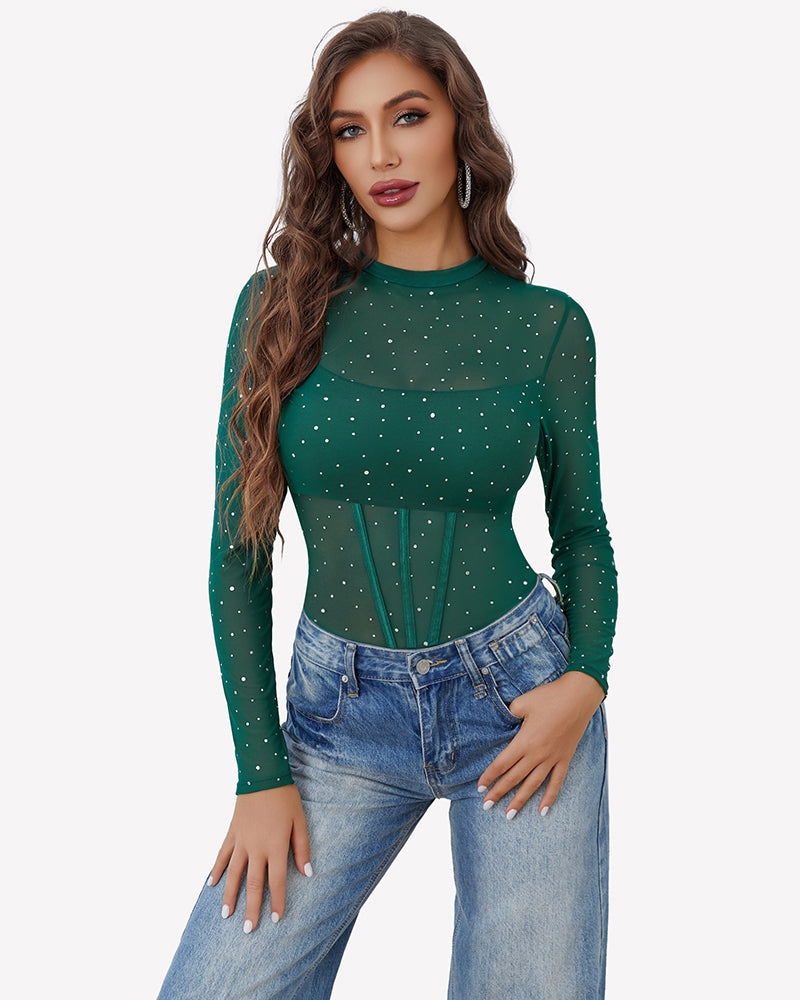 Sheer rhinestone bodysuit, long sleeves, green color, high neck, corset-style center