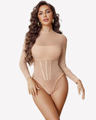 Sheer rhinestone bodysuit, long sleeves, beige color, high neck with corset center